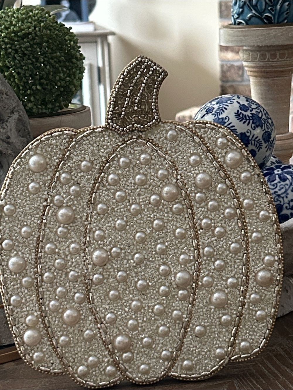 NEW! Large Shabby Chic Creamy White Gold Beaded Wood Pearl Fall Harvest Pumpkin
